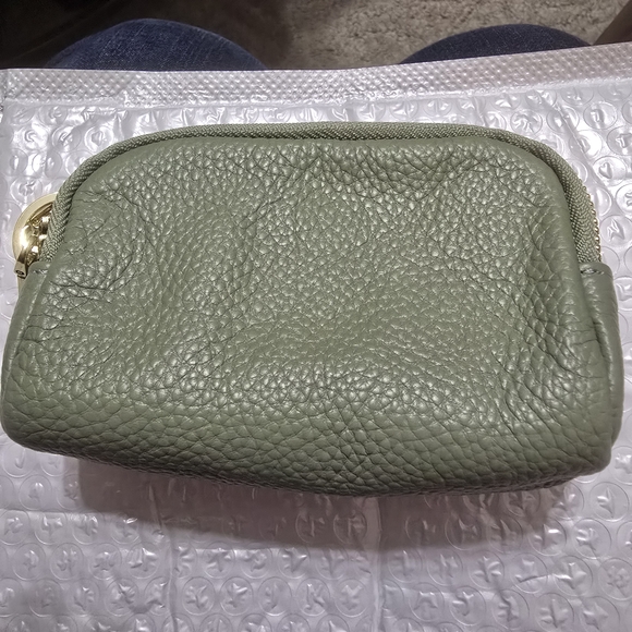Olive Green Pebbled Leather Wristlet Pouch - Picture 2 of 4